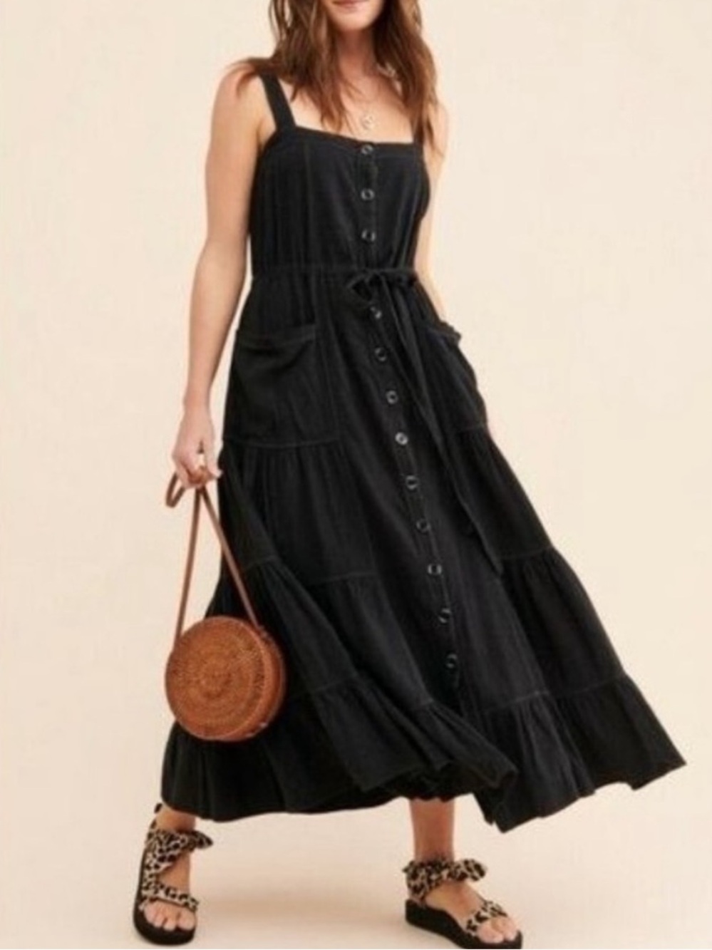 Free People Catch The Breeze Midi Dress Size Small Linen Blend Button Down Boho